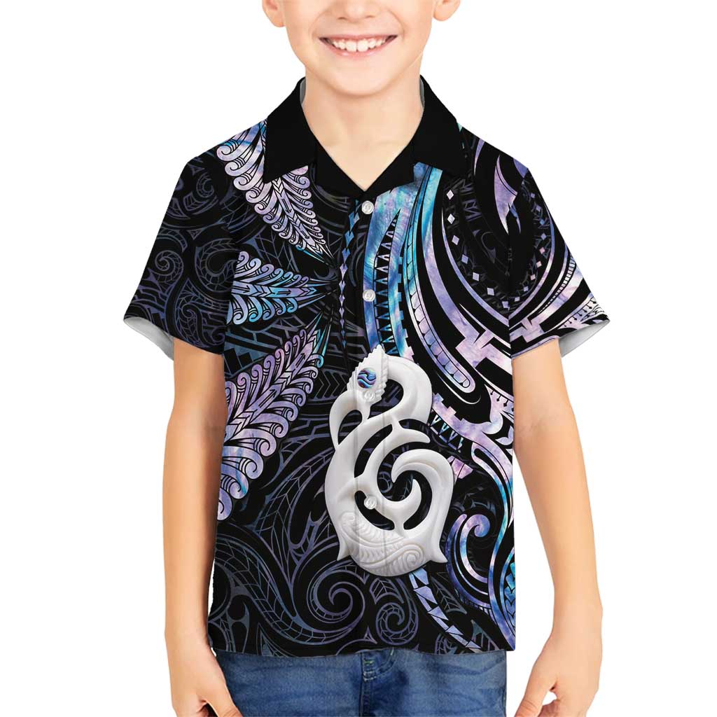New Zealand Aotearoa Family Matching Long Sleeve Bodycon Dress and Hawaiian Shirt Maori Hei Manaia Purple Paua Shell DT04 Son's Shirt Purple - Polynesian Pride