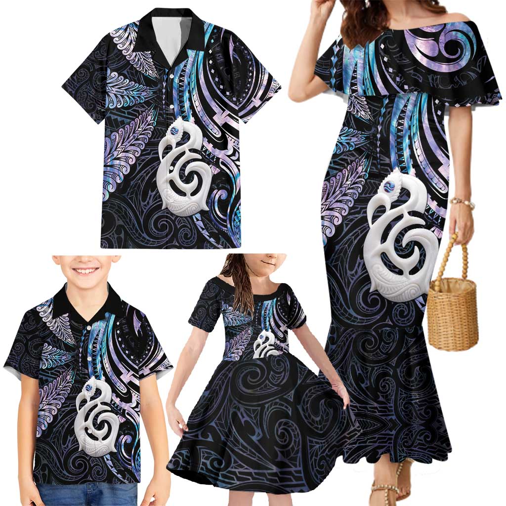 New Zealand Aotearoa Family Matching Mermaid Dress and Hawaiian Shirt Maori Hei Manaia Purple Paua Shell