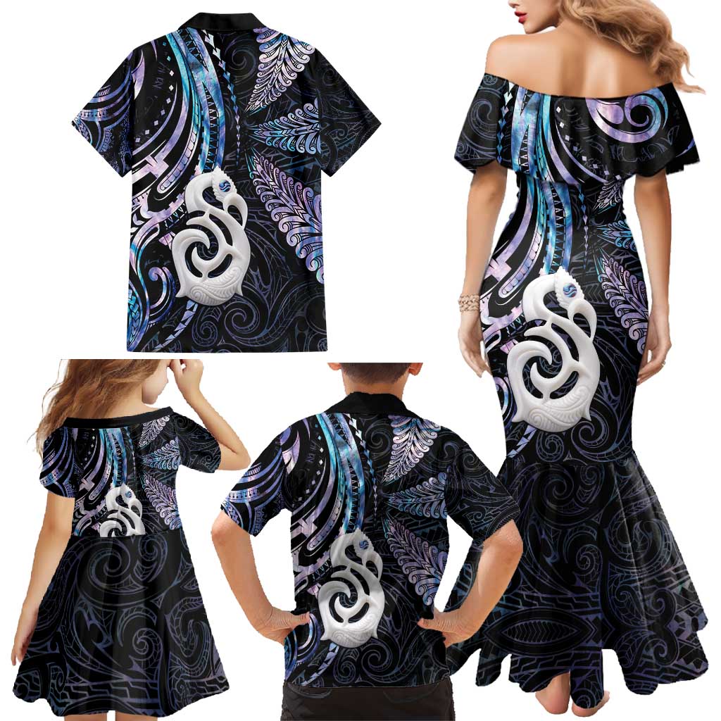 New Zealand Aotearoa Family Matching Mermaid Dress and Hawaiian Shirt Maori Hei Manaia Purple Paua Shell