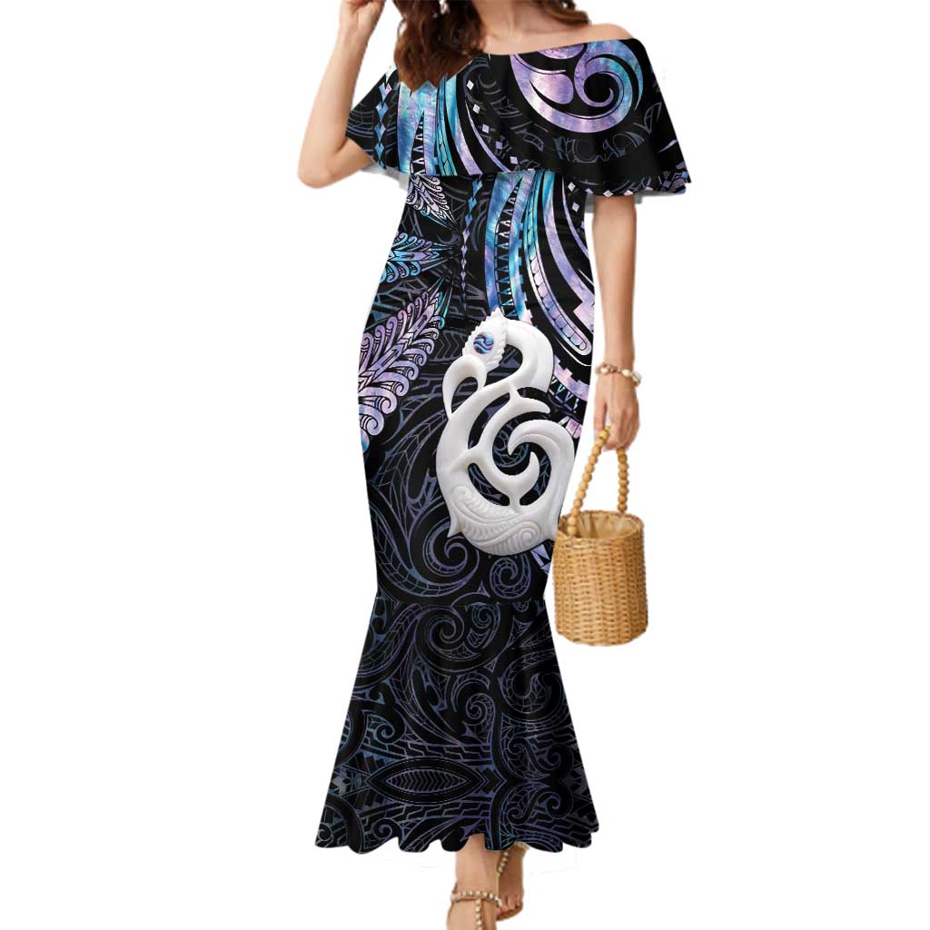 New Zealand Aotearoa Family Matching Mermaid Dress and Hawaiian Shirt Maori Hei Manaia Purple Paua Shell