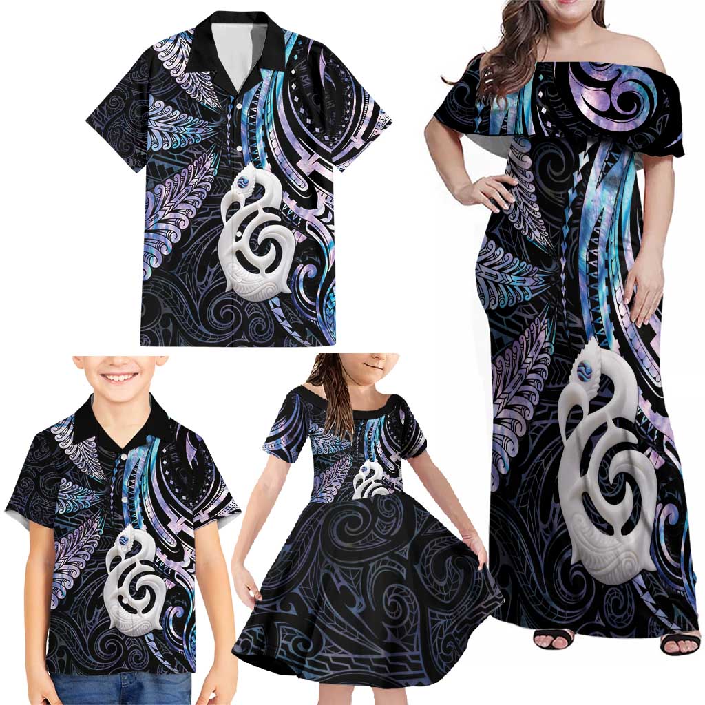 New Zealand Aotearoa Family Matching Off Shoulder Maxi Dress and Hawaiian Shirt Maori Hei Manaia Purple Paua Shell