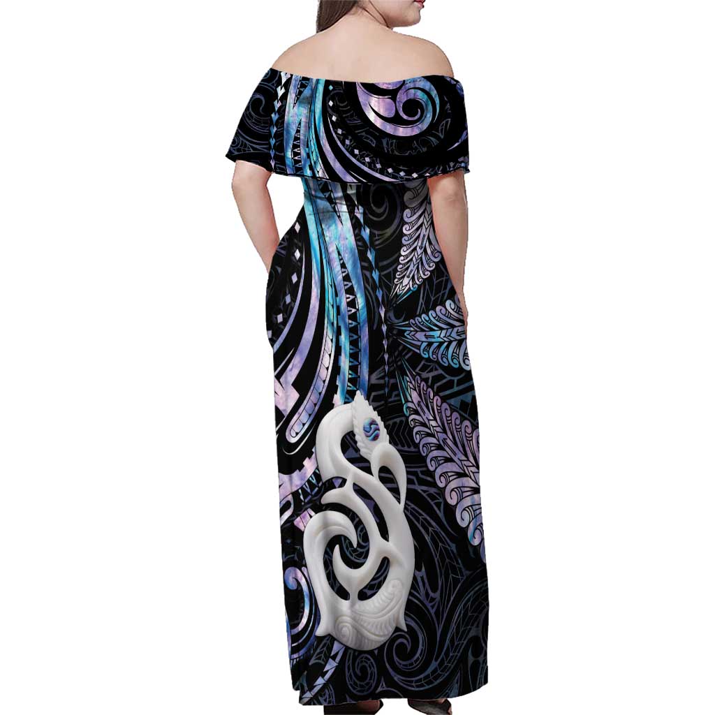New Zealand Aotearoa Family Matching Off Shoulder Maxi Dress and Hawaiian Shirt Maori Hei Manaia Purple Paua Shell