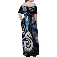 New Zealand Aotearoa Family Matching Off Shoulder Maxi Dress and Hawaiian Shirt Maori Hei Manaia Purple Paua Shell