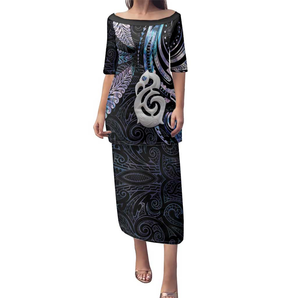 New Zealand Aotearoa Family Matching Puletasi and Hawaiian Shirt Maori Hei Manaia Purple Paua Shell