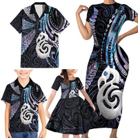 New Zealand Aotearoa Family Matching Short Sleeve Bodycon Dress and Hawaiian Shirt Maori Hei Manaia Purple Paua Shell