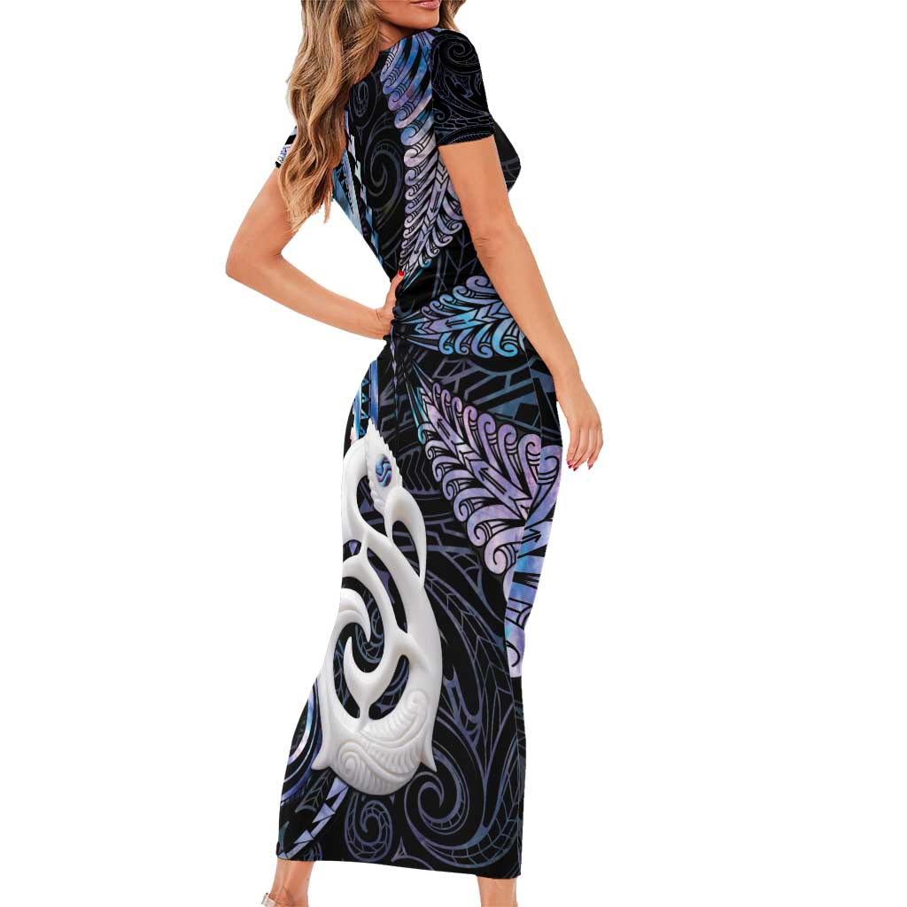 New Zealand Aotearoa Family Matching Short Sleeve Bodycon Dress and Hawaiian Shirt Maori Hei Manaia Purple Paua Shell