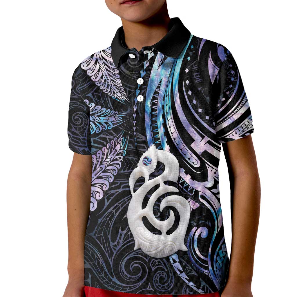 New Zealand Aotearoa Kid Polo Shirt Maori Hei Manaia Purple Paua Shell
