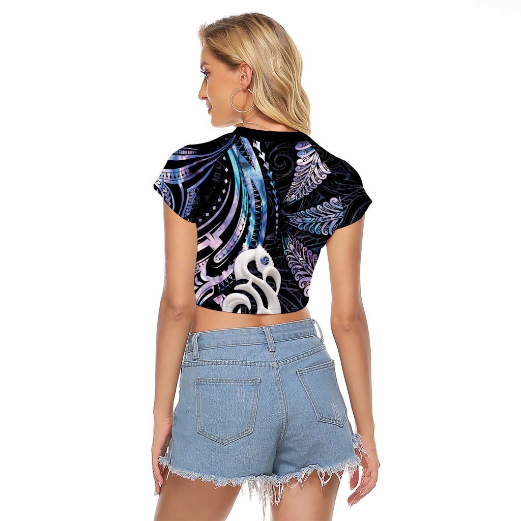 New Zealand Aotearoa Raglan Cropped T Shirt Maori Hei Manaia Purple Paua Shell