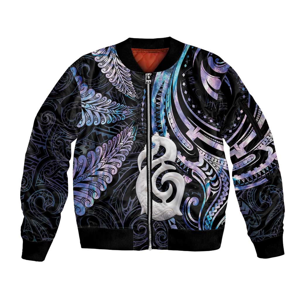 New Zealand Aotearoa Sleeve Zip Bomber Jacket Maori Hei Manaia Purple Paua Shell