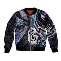 New Zealand Aotearoa Sleeve Zip Bomber Jacket Maori Hei Manaia Purple Paua Shell