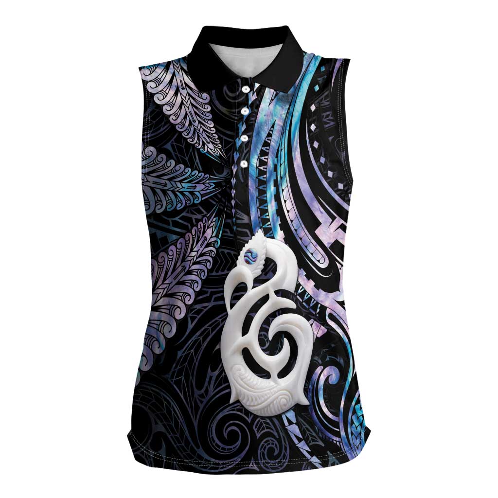 New Zealand Aotearoa Women Sleeveless Polo Shirt Maori Hei Manaia Purple Paua Shell