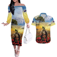 New Zealand ANZAC Day Couples Matching Off The Shoulder Long Sleeve Dress and Hawaiian Shirt The Ode Remembrance And Poppy