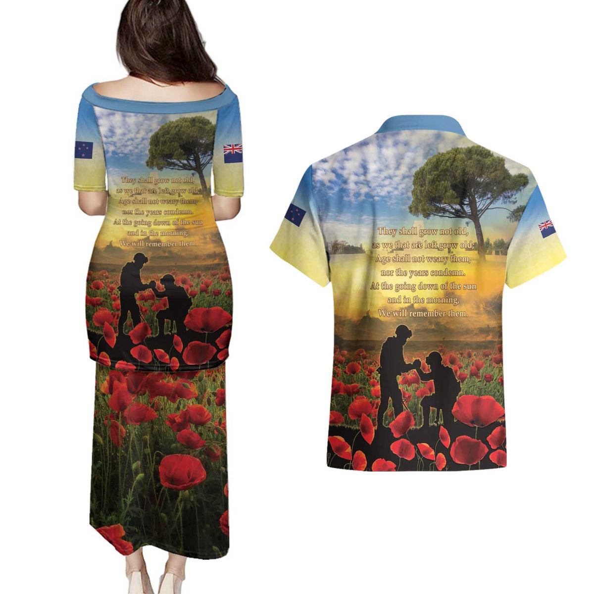 New Zealand ANZAC Day Couples Matching Puletasi and Hawaiian Shirt The Ode Remembrance And Poppy