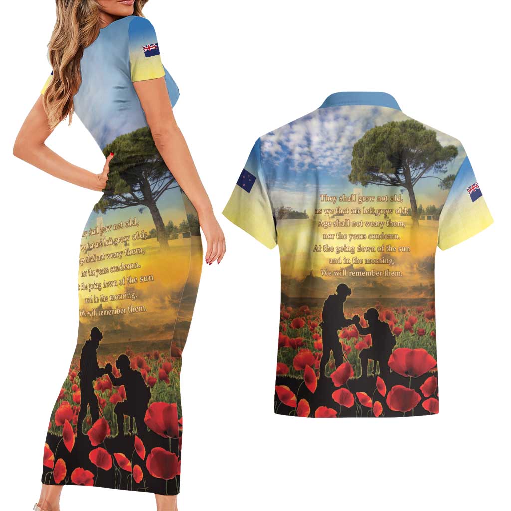 New Zealand ANZAC Day Couples Matching Short Sleeve Bodycon Dress and Hawaiian Shirt The Ode Remembrance And Poppy