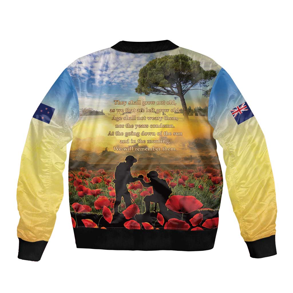 New Zealand ANZAC Day Sleeve Zip Bomber Jacket The Ode Remembrance And Poppy