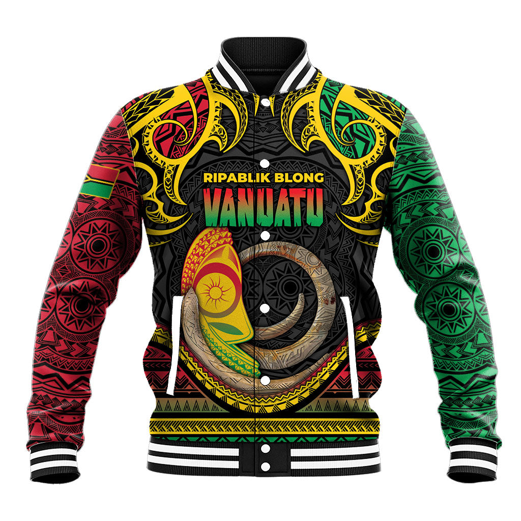 Vanuatu Language Week Baseball Jacket Boar Tusk Warrior Tribal Floral Pattern DT05 Unisex Black - Polynesian Pride