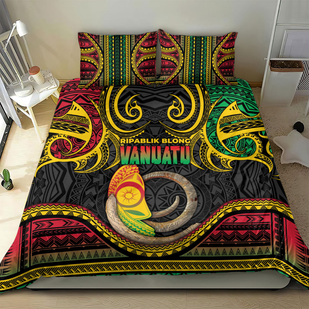 Vanuatu Language Week Bedding Set Boar Tusk Warrior Tribal Floral Pattern