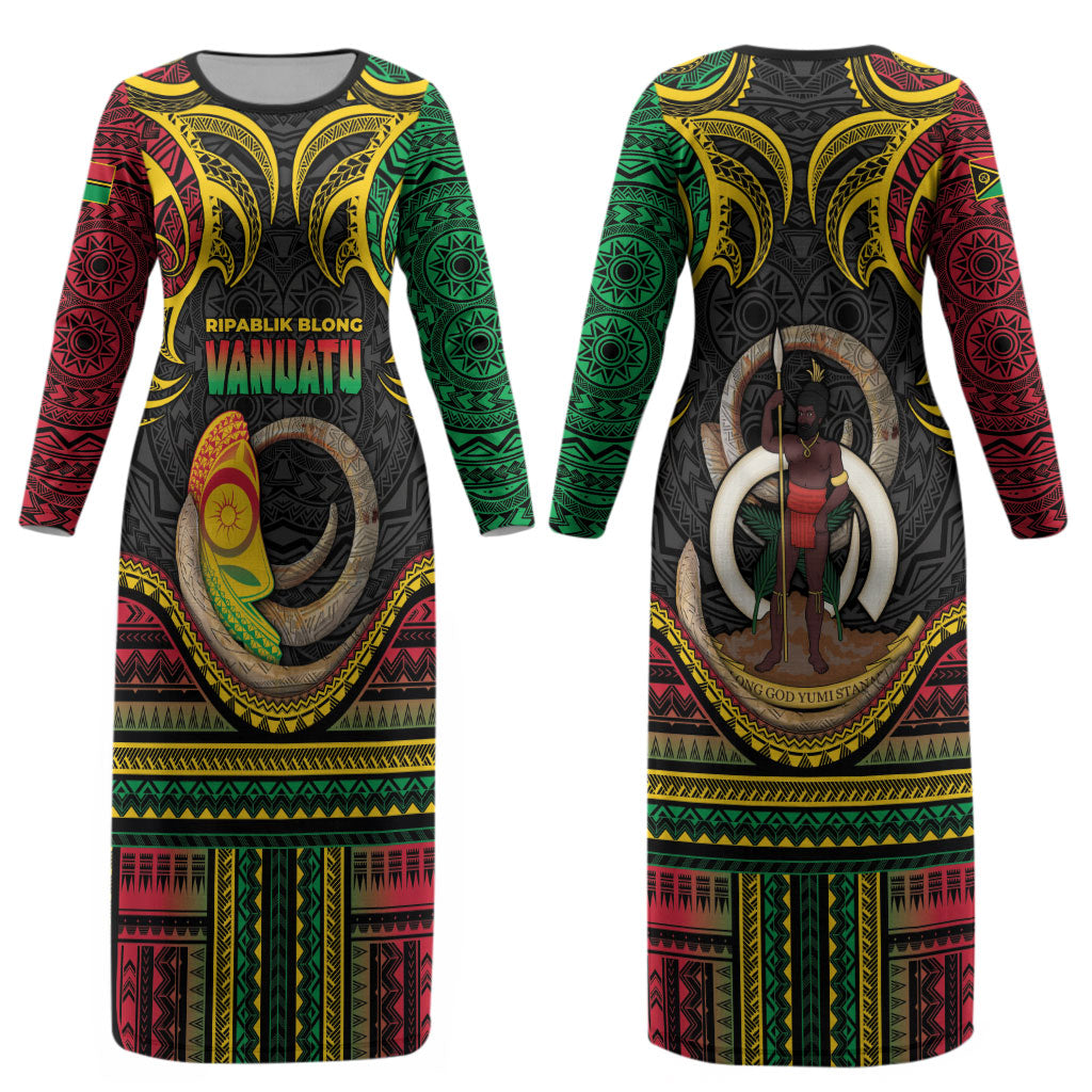Vanuatu Language Week Couples Matching Long Sleeve Bodycon Dress and Hawaiian Shirt Boar Tusk Warrior Tribal Floral Pattern