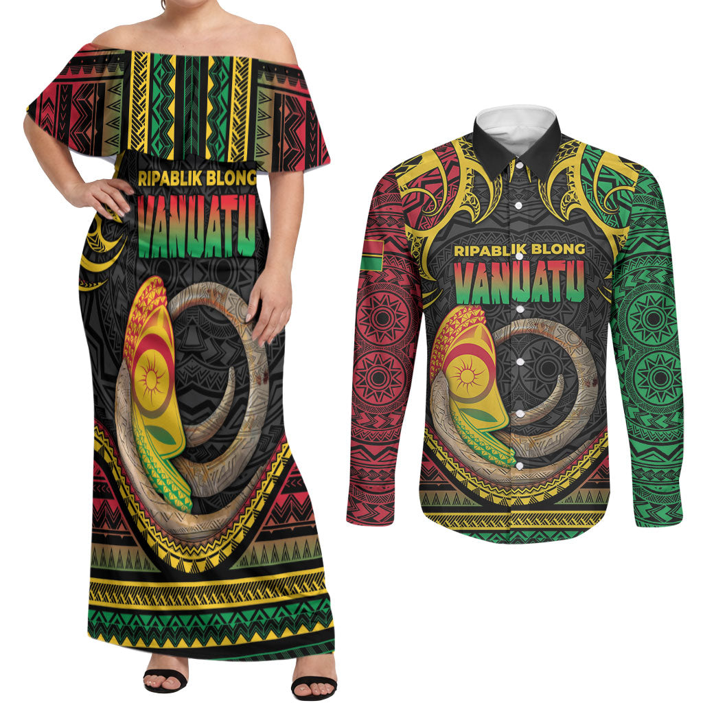 Vanuatu Language Week Couples Matching Off Shoulder Maxi Dress and Long Sleeve Button Shirt Boar Tusk Warrior Tribal Floral Pattern DT05 Black - Polynesian Pride