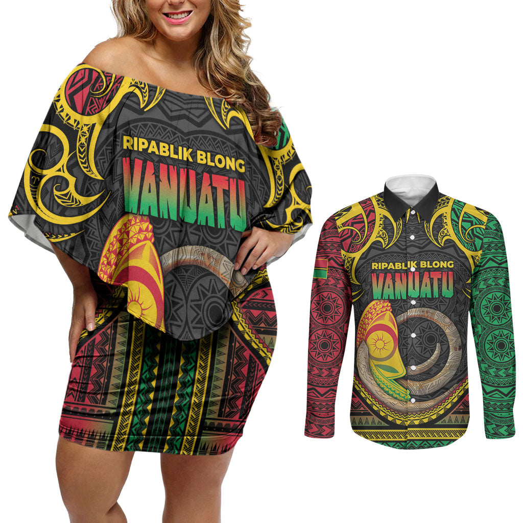 Vanuatu Language Week Couples Matching Off Shoulder Short Dress and Long Sleeve Button Shirt Boar Tusk Warrior Tribal Floral Pattern DT05 Black - Polynesian Pride