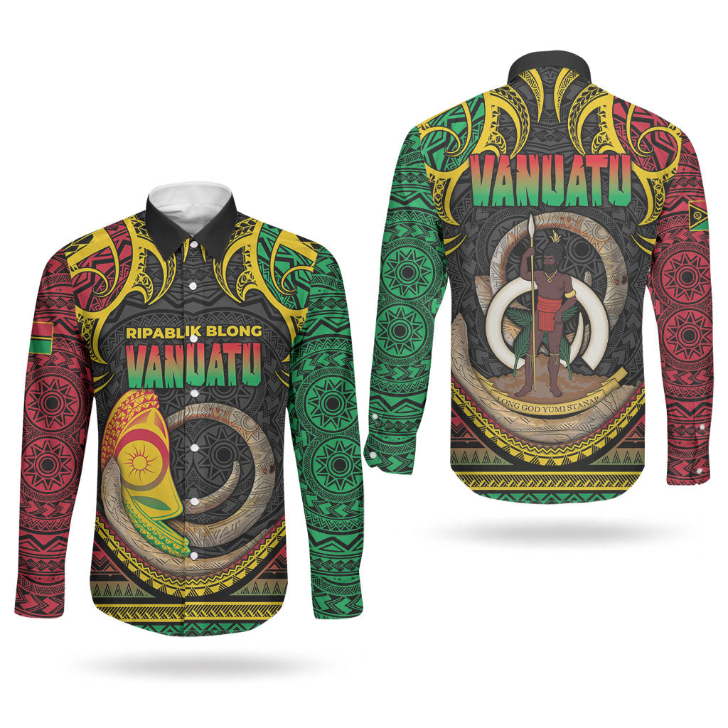 Vanuatu Language Week Couples Matching Puletasi and Long Sleeve Button Shirt Boar Tusk Warrior Tribal Floral Pattern
