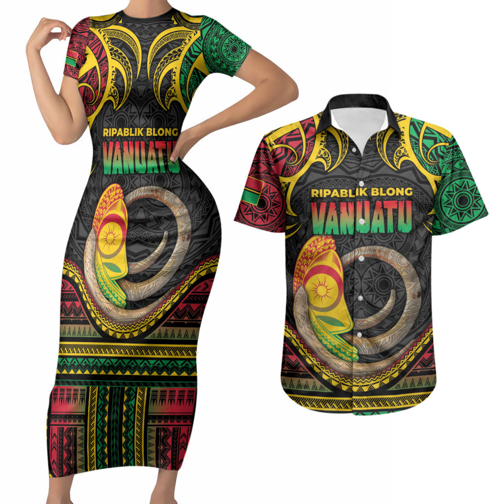 Vanuatu Language Week Couples Matching Short Sleeve Bodycon Dress and Hawaiian Shirt Boar Tusk Warrior Tribal Floral Pattern DT05 Black - Polynesian Pride