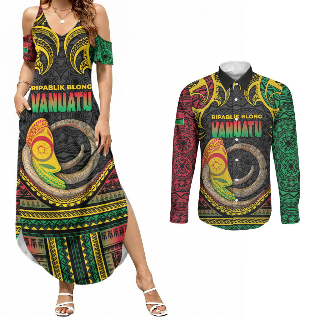 Vanuatu Language Week Couples Matching Summer Maxi Dress and Long Sleeve Button Shirt Boar Tusk Warrior Tribal Floral Pattern DT05 Black - Polynesian Pride