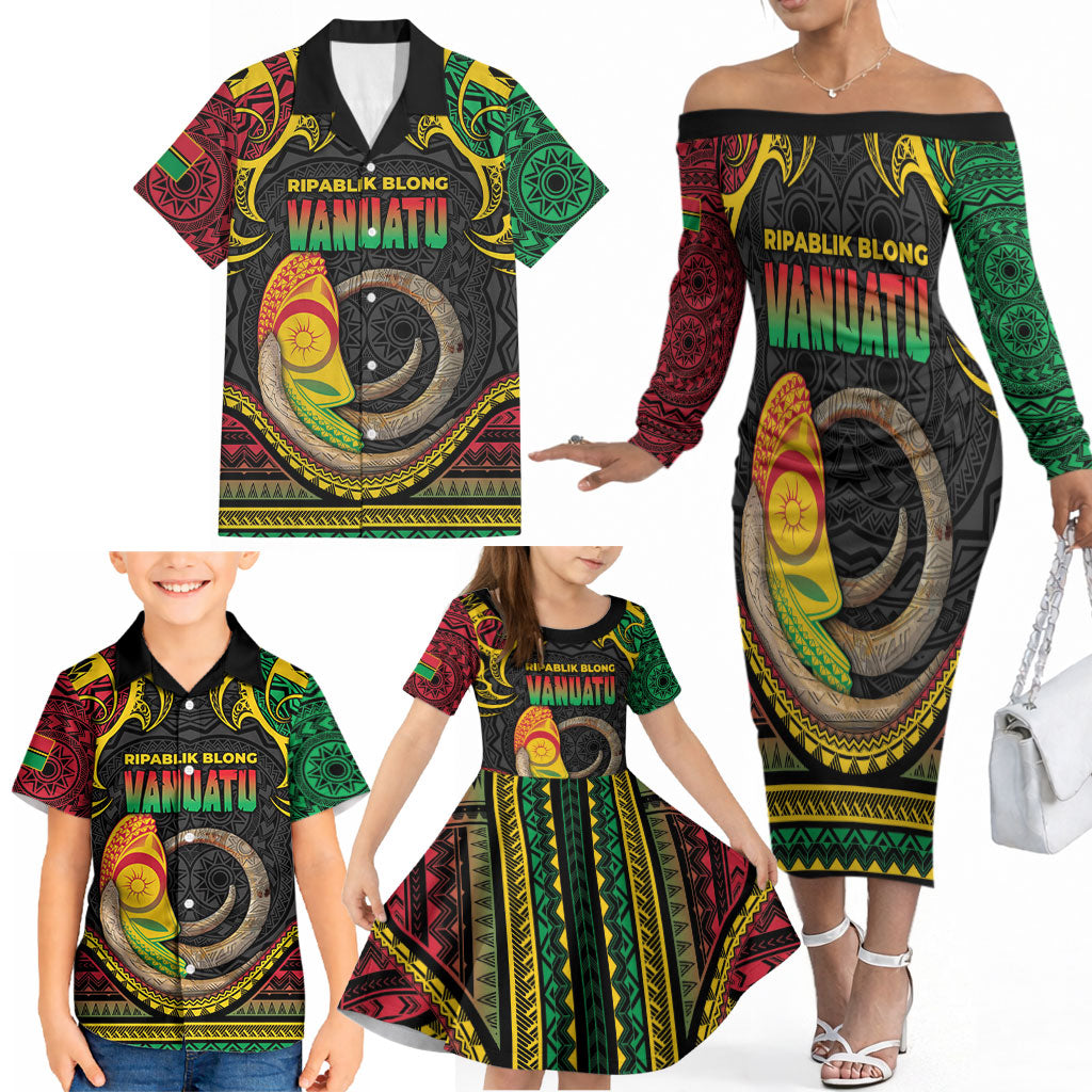 Vanuatu Language Week Family Matching Off The Shoulder Long Sleeve Dress and Hawaiian Shirt Boar Tusk Warrior Tribal Floral Pattern