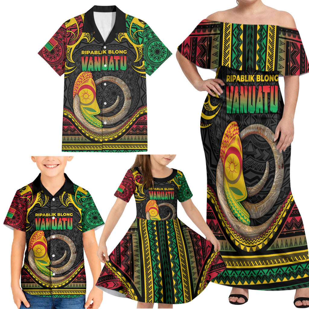 Vanuatu Language Week Family Matching Off Shoulder Maxi Dress and Hawaiian Shirt Boar Tusk Warrior Tribal Floral Pattern DT05 - Polynesian Pride