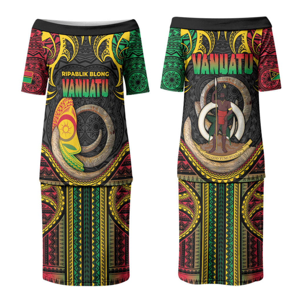 Vanuatu Language Week Family Matching Puletasi and Hawaiian Shirt Boar Tusk Warrior Tribal Floral Pattern