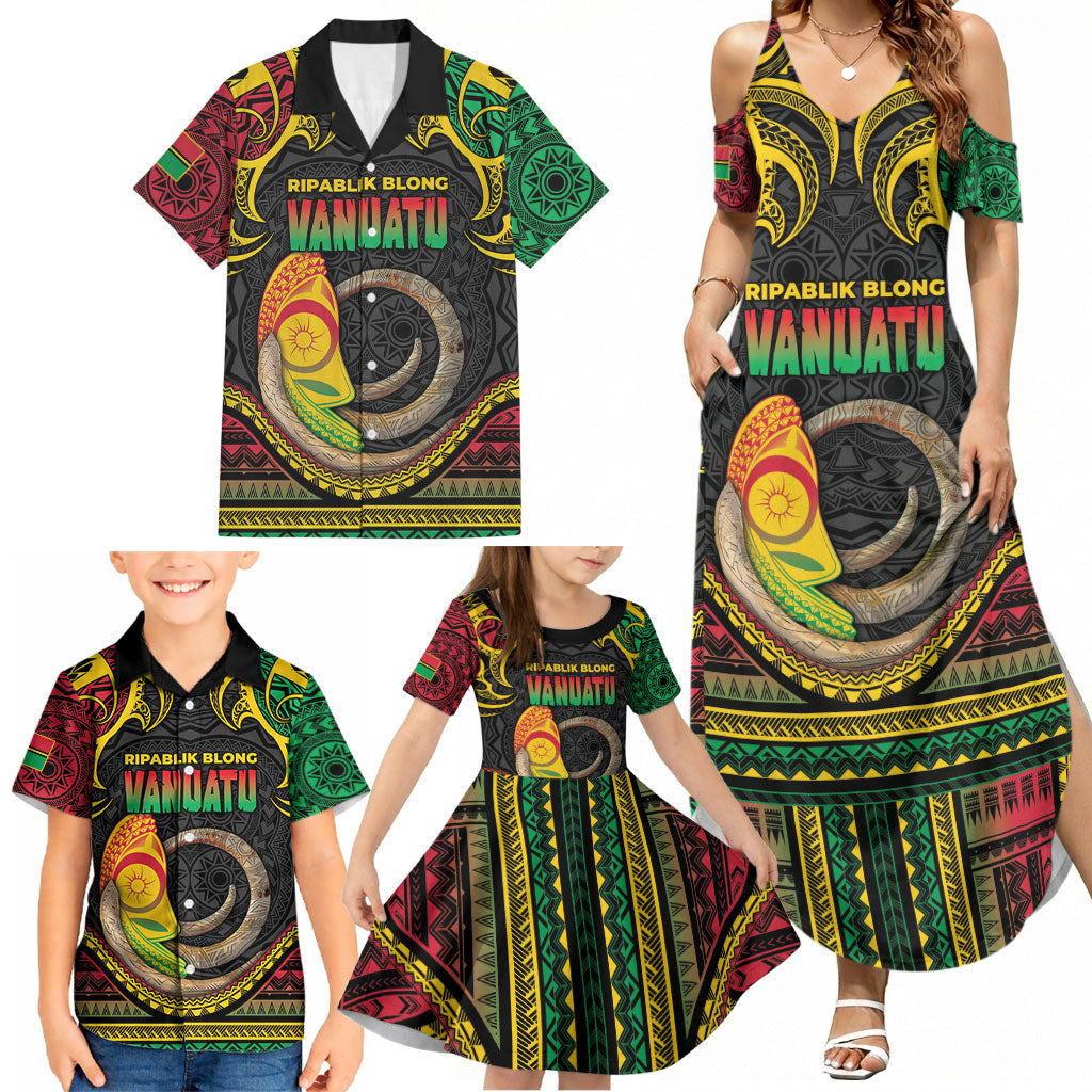Vanuatu Language Week Family Matching Summer Maxi Dress and Hawaiian Shirt Boar Tusk Warrior Tribal Floral Pattern