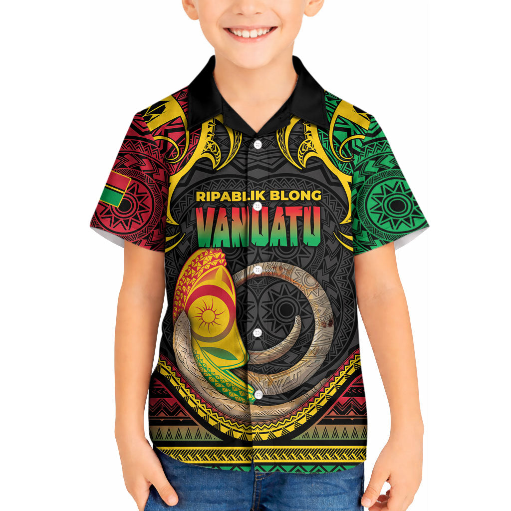 Vanuatu Language Week Kid Hawaiian Shirt Boar Tusk Warrior Tribal Floral Pattern DT05 Kid Black - Polynesian Pride