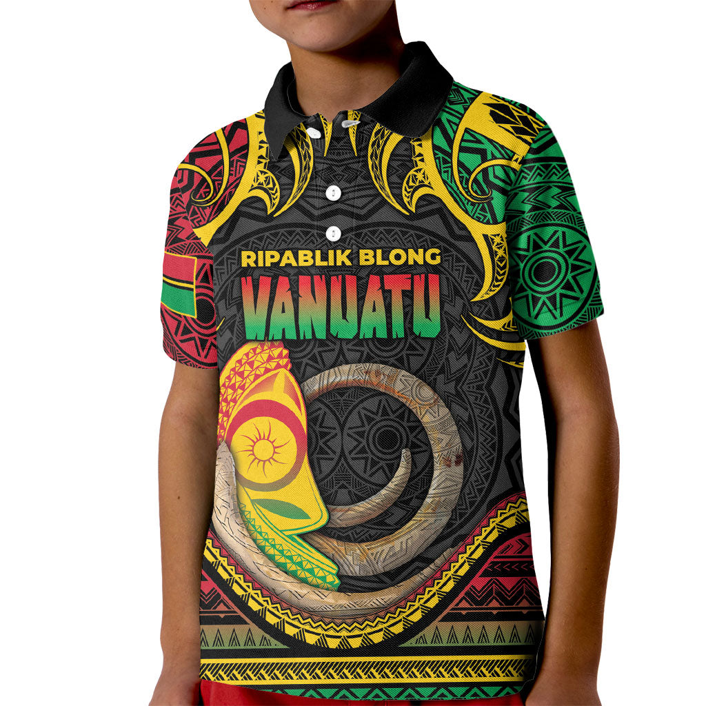 Vanuatu Language Week Kid Polo Shirt Boar Tusk Warrior Tribal Floral Pattern