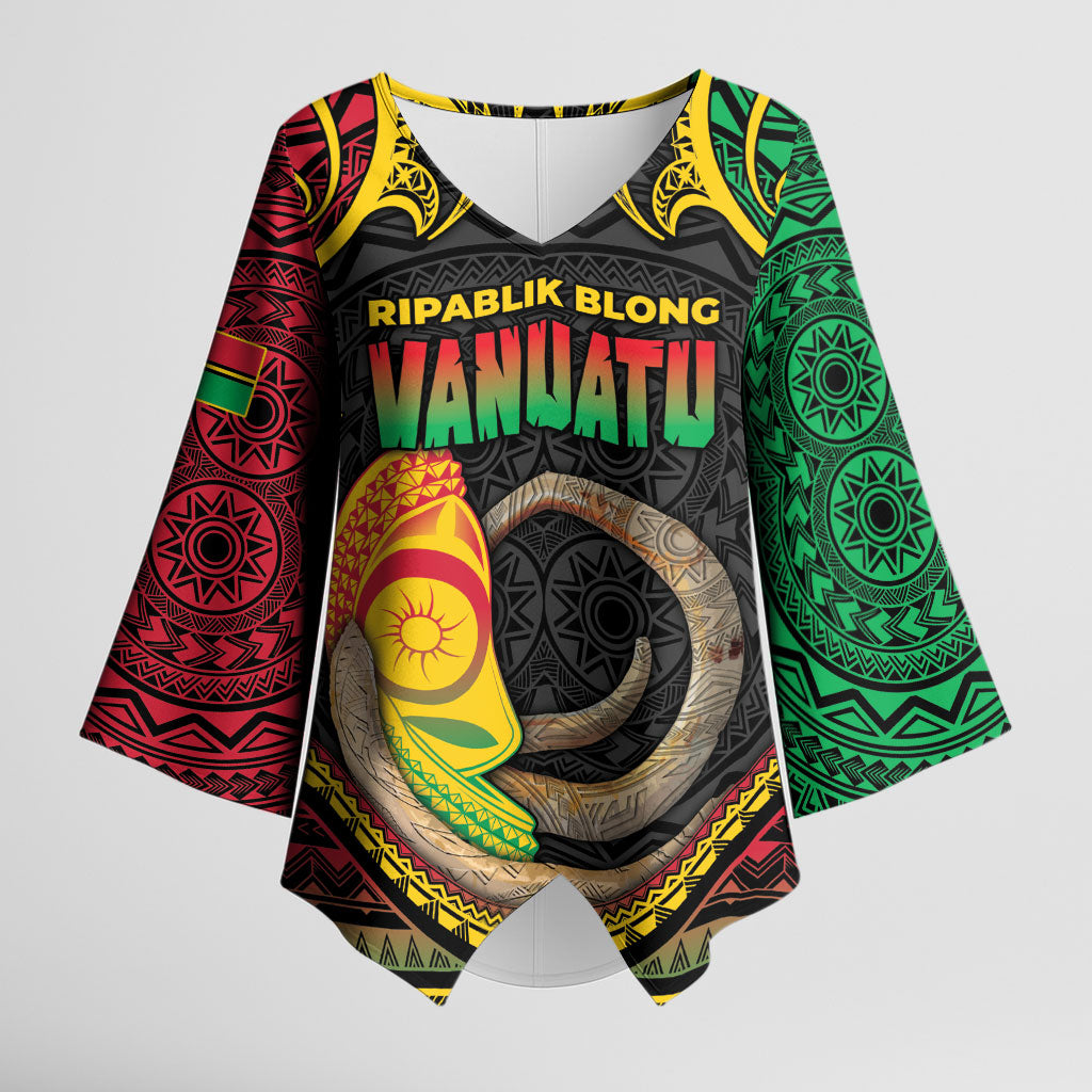 Vanuatu Language Week Kimono Sleeve Blouse Boar Tusk Warrior Tribal Floral Pattern DT05 Female Black - Polynesian Pride