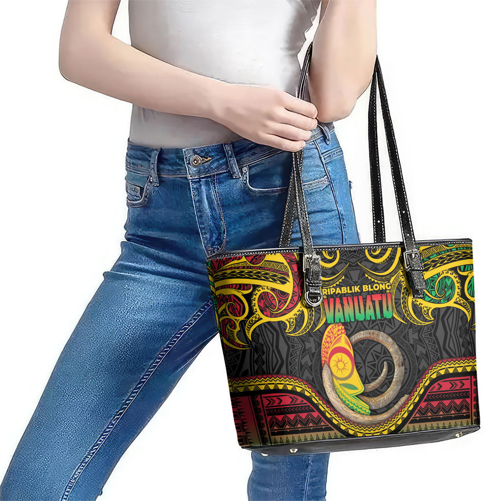 Vanuatu Language Week Leather Tote Bag Boar Tusk Warrior Tribal Floral Pattern