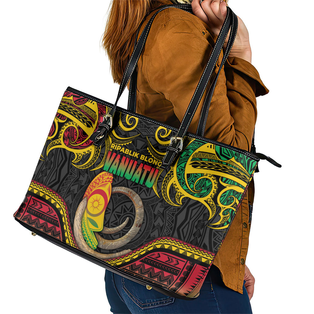 Vanuatu Language Week Leather Tote Bag Boar Tusk Warrior Tribal Floral Pattern