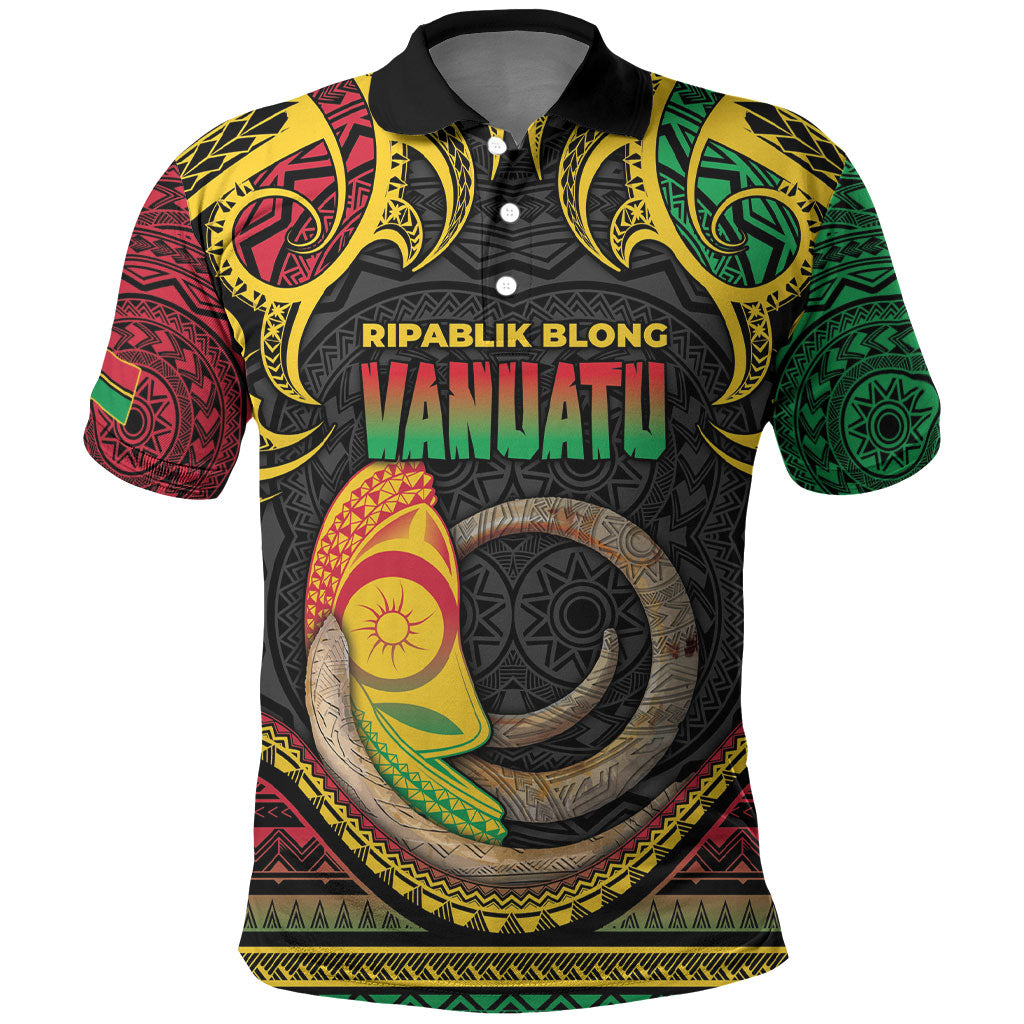 Vanuatu Language Week Polo Shirt Boar Tusk Warrior Tribal Floral Pattern DT05 Black - Polynesian Pride
