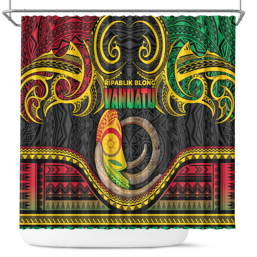 Vanuatu Language Week Shower Curtain Boar Tusk Warrior Tribal Floral Pattern