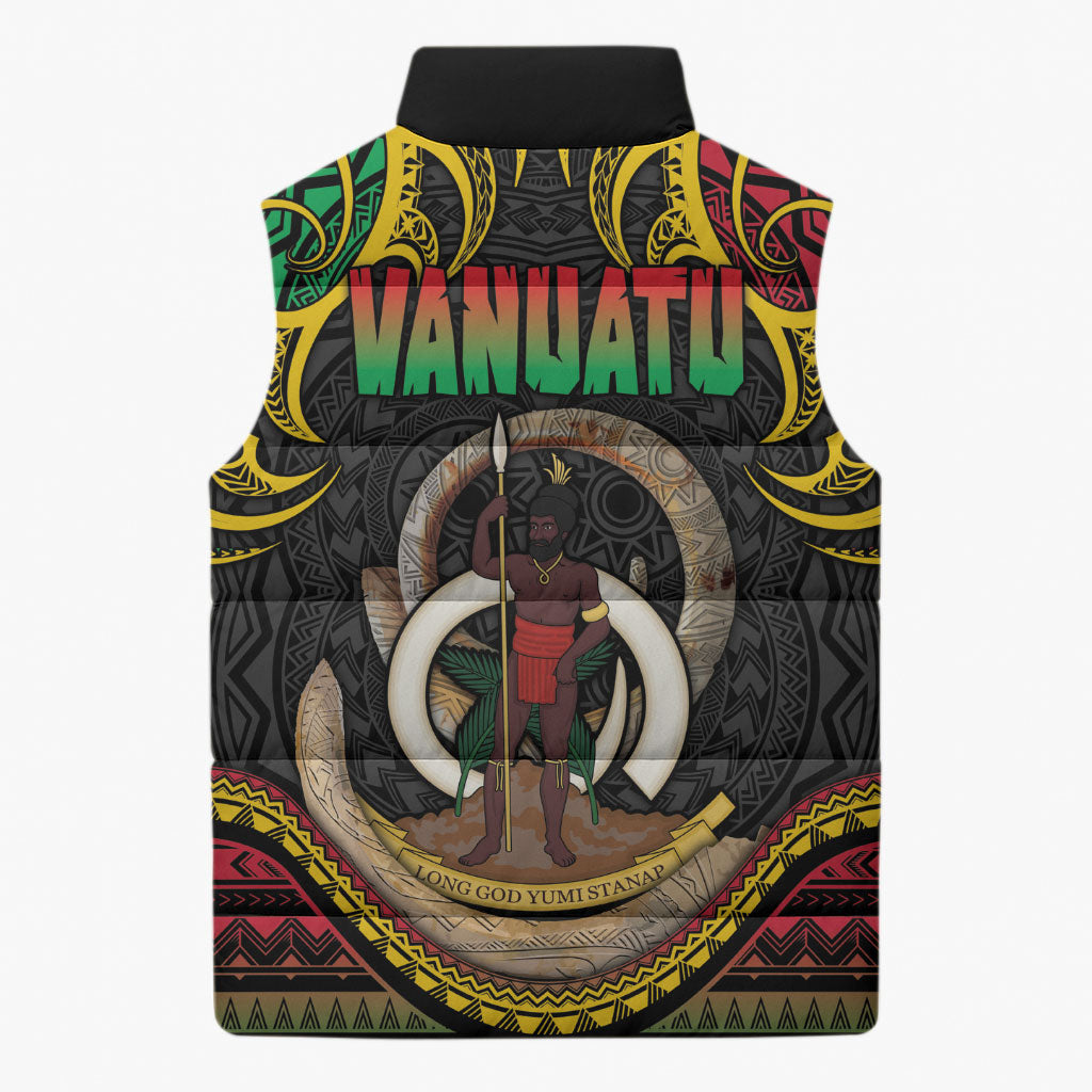 Vanuatu Language Week Sleeveless Puffer Jacket Boar Tusk Warrior Tribal Floral Pattern