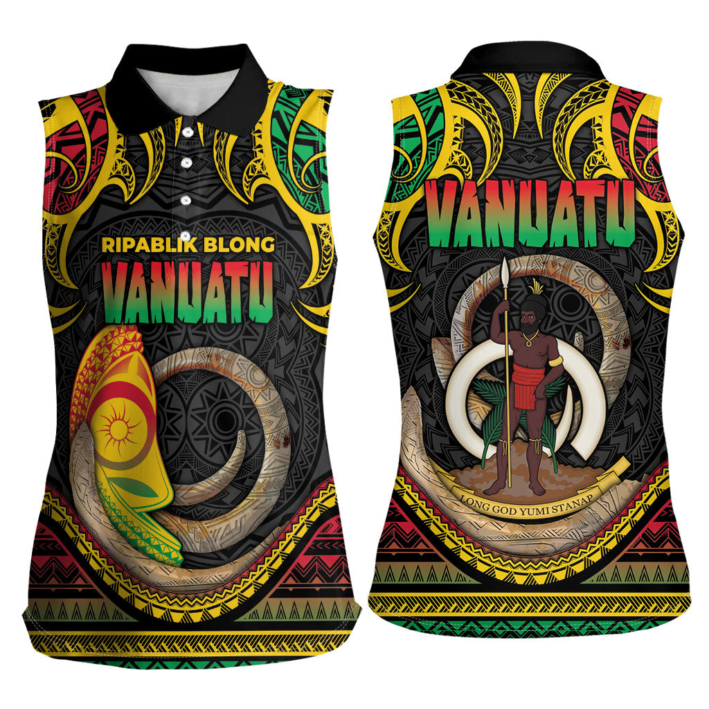 Vanuatu Language Week Women Sleeveless Polo Shirt Boar Tusk Warrior Tribal Floral Pattern