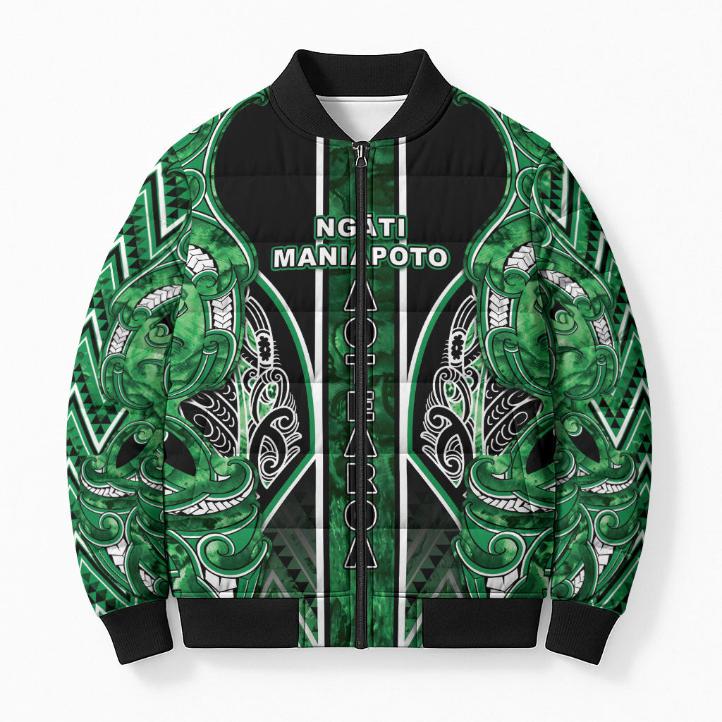 Aotearoa Ngati Maniapoto Bomber Puffer Jacket Maori Tribal Green Paua Shell Pattern DT05 Unisex Green - Polynesian Pride