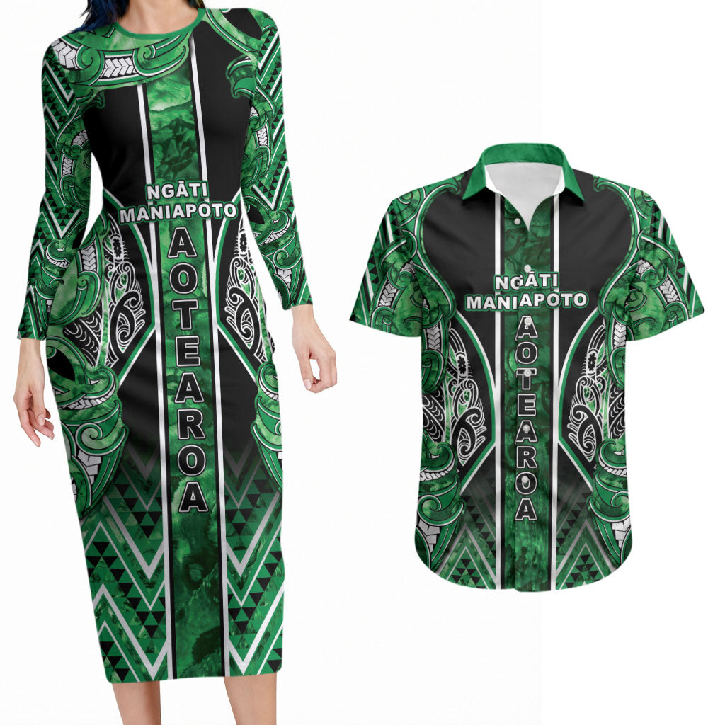 Aotearoa Ngati Maniapoto Couples Matching Long Sleeve Bodycon Dress and Hawaiian Shirt Maori Tribal Green Paua Shell Pattern DT05 Green - Polynesian Pride