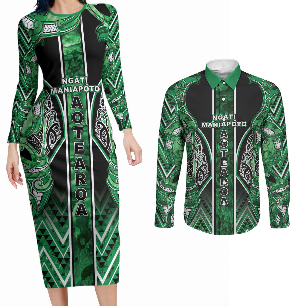 Aotearoa Ngati Maniapoto Couples Matching Long Sleeve Bodycon Dress and Long Sleeve Button Shirt Maori Tribal Green Paua Shell Pattern DT05 Green - Polynesian Pride