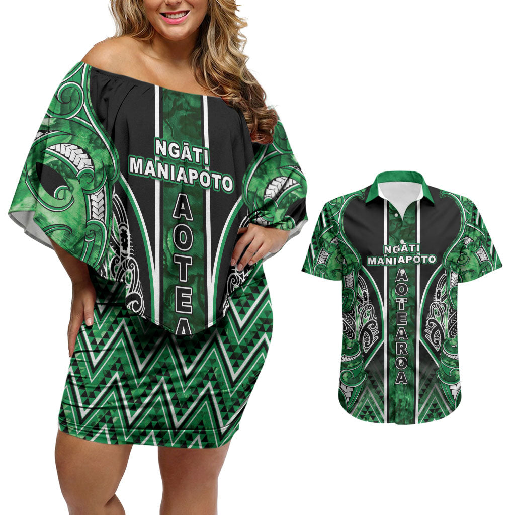 Aotearoa Ngati Maniapoto Couples Matching Off Shoulder Short Dress and Hawaiian Shirt Maori Tribal Green Paua Shell Pattern DT05 Green - Polynesian Pride