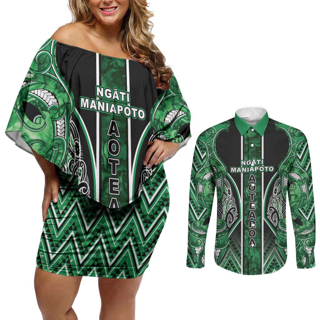 Aotearoa Ngati Maniapoto Couples Matching Off Shoulder Short Dress and Long Sleeve Button Shirt Maori Tribal Green Paua Shell Pattern DT05 Green - Polynesian Pride
