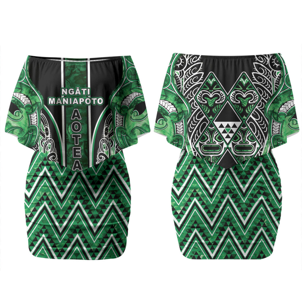 Aotearoa Ngati Maniapoto Couples Matching Off Shoulder Short Dress and Long Sleeve Button Shirt Maori Tribal Green Paua Shell Pattern DT05 - Polynesian Pride