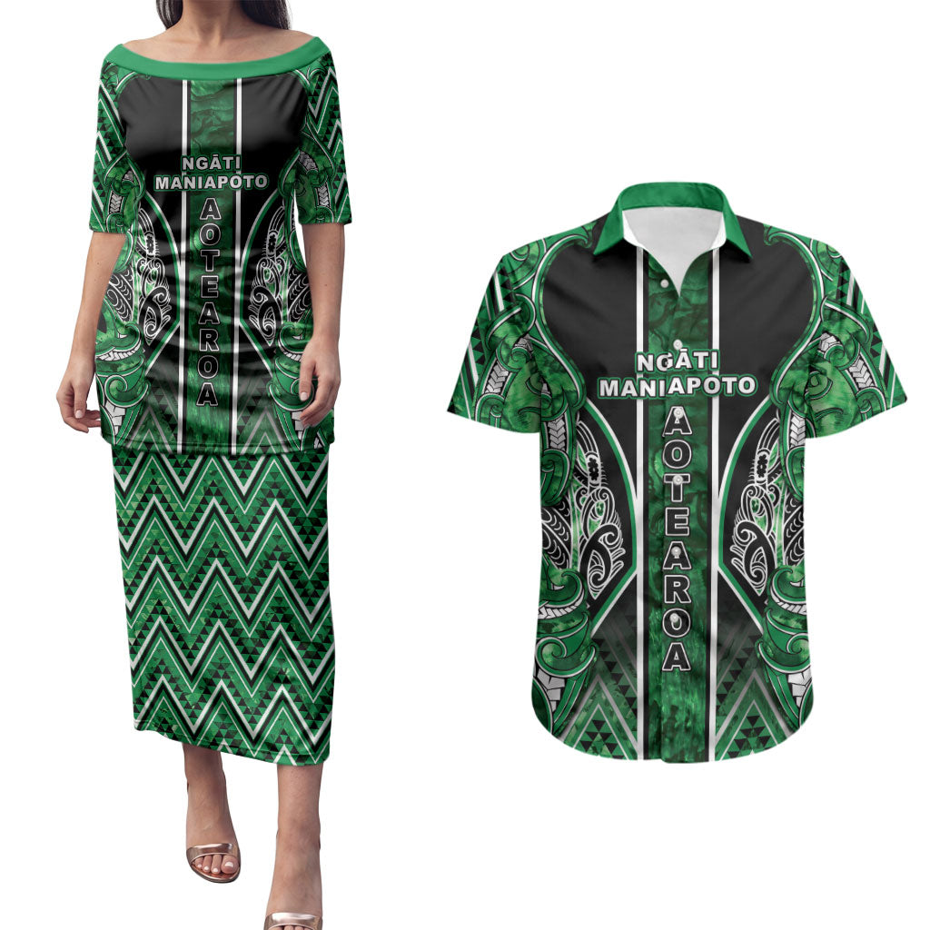 Aotearoa Ngati Maniapoto Couples Matching Puletasi and Hawaiian Shirt Maori Tribal Green Paua Shell Pattern DT05 Green - Polynesian Pride