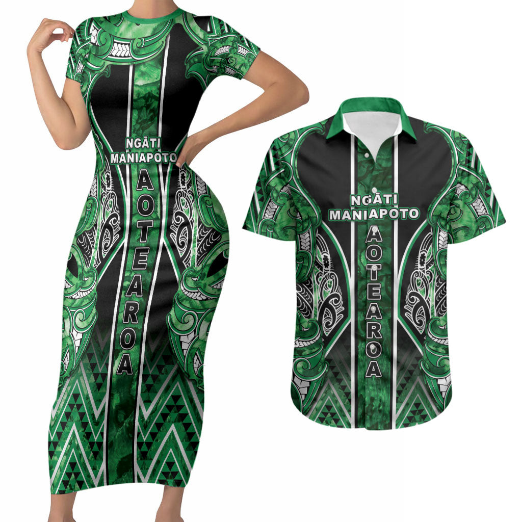 Aotearoa Ngati Maniapoto Couples Matching Short Sleeve Bodycon Dress and Hawaiian Shirt Maori Tribal Green Paua Shell Pattern DT05 Green - Polynesian Pride