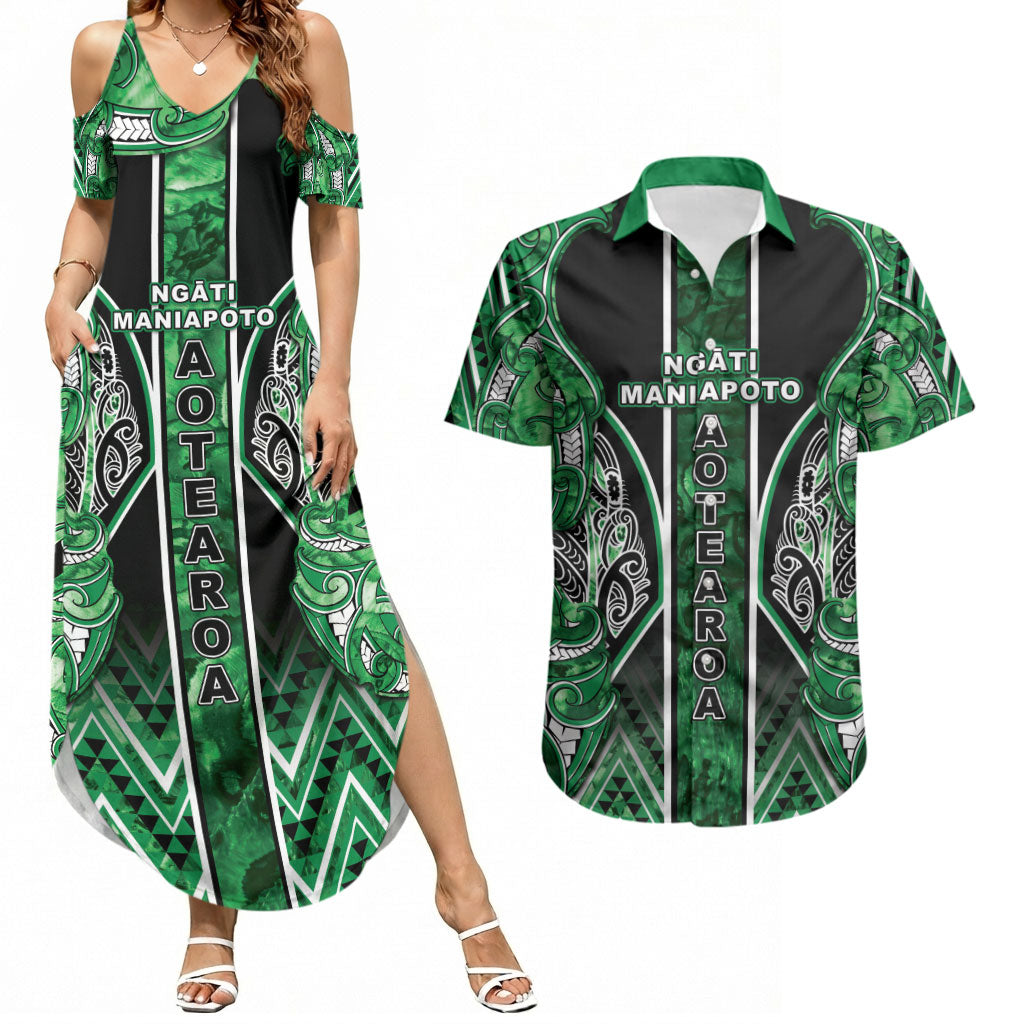 Aotearoa Ngati Maniapoto Couples Matching Summer Maxi Dress and Hawaiian Shirt Maori Tribal Green Paua Shell Pattern DT05 Green - Polynesian Pride