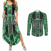 Aotearoa Ngati Maniapoto Couples Matching Summer Maxi Dress and Long Sleeve Button Shirt Maori Tribal Green Paua Shell Pattern DT05 Green - Polynesian Pride